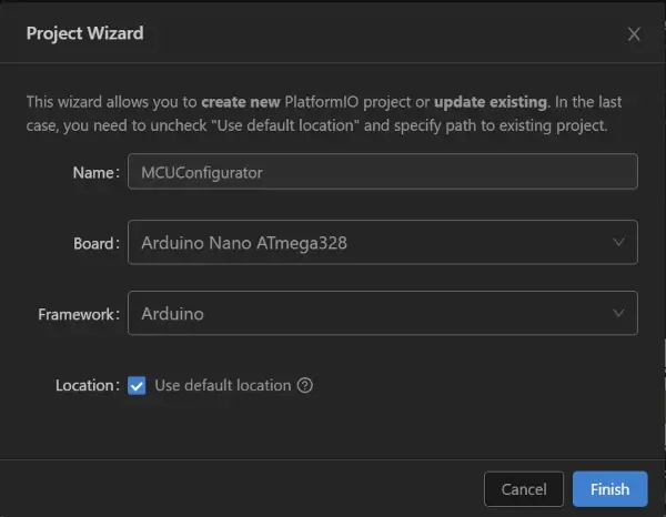 Вікно створення проєкту PlatformIO