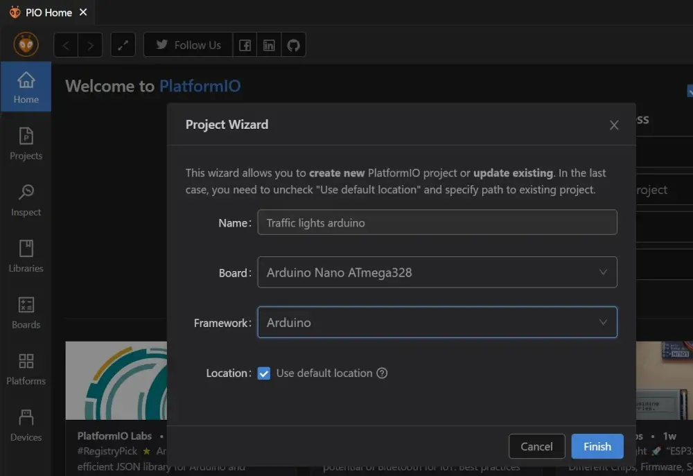 Вікно налаштування нового проєкту PlatformIO