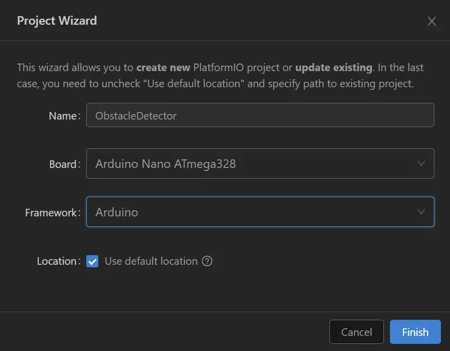 Вікно створення нового проєкту PlatformIO